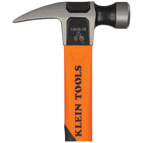 Klein Tools H80816 - Martillo de garra recta con cabeza lisa, 16 onzas, mango de agarre antideslizante de fibra de vidrio que absorbe los golpes con orificio de anclaje, 13 pulgadas