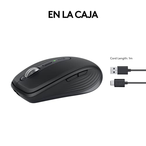 Logitech MX Anywhere 3S Compact Mouse inalámbrico, Desplazamiento Veloz en Todos Lados, dpi 8K, silencioso, Botones programables, USB C, Bluetooth, Windows PC, Linux, Chrome, Mac - Negro