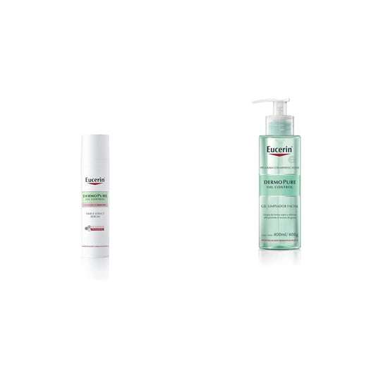 Serum facial ligero DermoPure Triple Effect (40 ml), Efecto Anti-Manchas, Anti-Imperfecciones y Anti-Brillo + Gel limpiador facial piel grasa imperfecciones, 400ml
