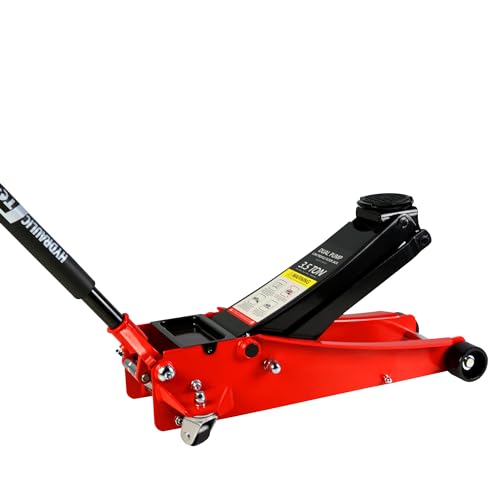 Jack de piso, de acero de perfil bajo, para carreras de carretilla hidráulica, con bomba de elevación rápida de doble pistón, capacidad de 3.5 toneladas, rango de elevación de 4 a 21 pulgadas, rojo