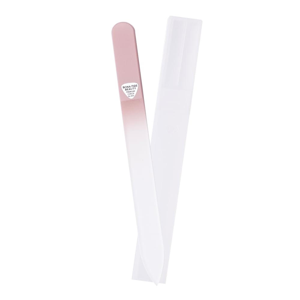 BONA FIDE BEAUTY Lima de Uñas de Cristal Checo para Uñas Naturales (Frambuesa) - Grano Fino (180/240) Lima de Uñas de Cristal Grabada con Estuche Transparente. Regalo Ideal para Mujeres.