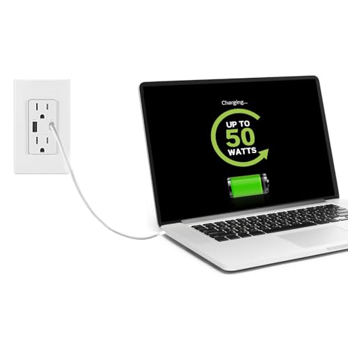 Leviton T5634-W 60W (20V a 2.5A+ 5V a 2A) Cargador USB de Doble Tipo A/Tipo-C para Entrega de energía en la Pared con Toma de 15A Resistente a manipulaciones, Cargador USB para Smartphones, tabletas,