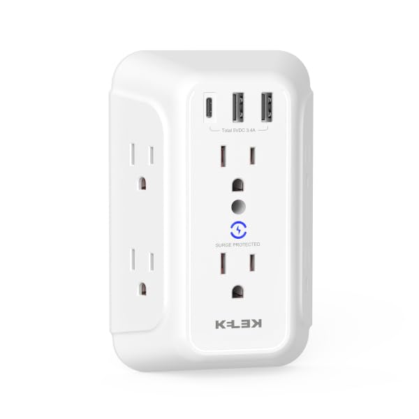 Multicontacto KELEK Blanco 6 Salidas con Puertos USB-A y USB-C y Supresor de Picos para Hogar, Oficina, Dormitorio