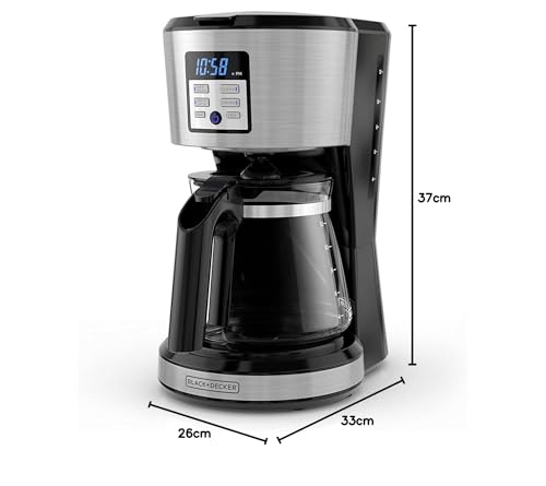 Black+Decker CM1331S-LA Cafetera Programable Black + Decker con Filtro Permanente y Sistema de Goteo en Vórtice, 12 Tazas, CM1331S-LA, color, Negro, pack of/paquete de 1