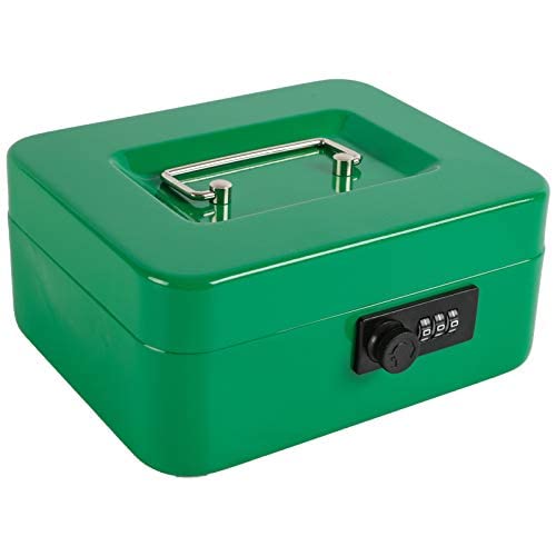 Caja fuerte Xydled de acero con cerradura de combinación, caja fuerte con bandeja extraíble para monedas y cerradura de llave, 20 x 16 x 9 cm.