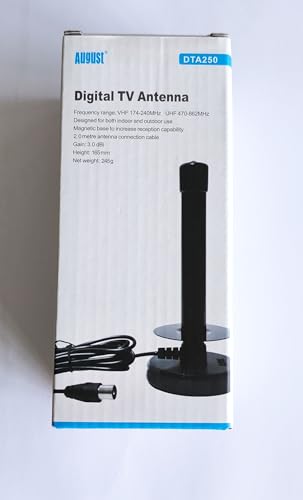 August Antena Digital HDTV DTA250 - Antena de TV portátil de Alta Ganancia con Base magnética y Cable coaxial - Alcance de 75 Millas