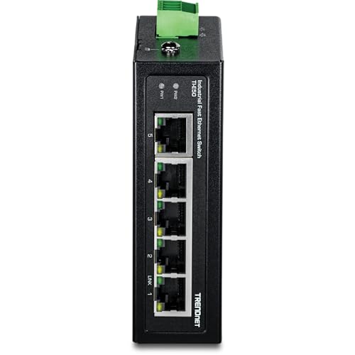 TRENDnet 5-Port Industrial Unmanaged Fast Ethernet DIN-Rail Switch, 5 x Fast Ethernet Ports, IP30, Operating Temperature Range of -40° – 75°C (-40° – 167°F), Lifetime Protection, Black, TI-E50