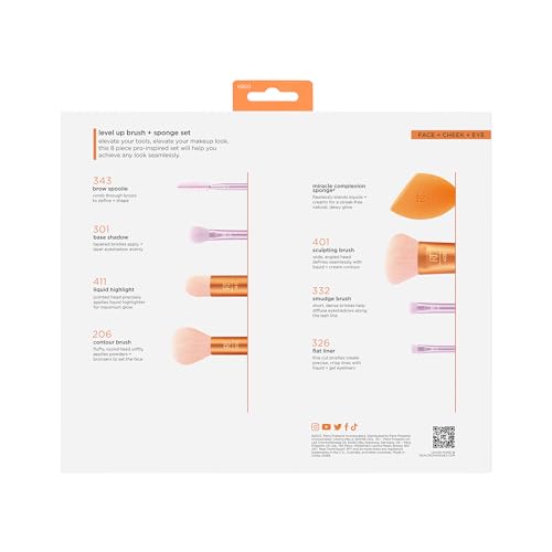 REAL TECHNIQUES, Kit de Brochas de Maquillaje + Esponja, Level Up, 8 Piezas, Calidad Profesional