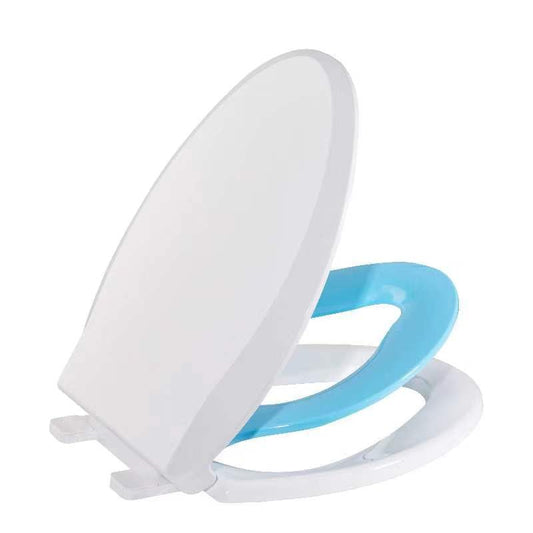 Asiento de inodoro alargado con asiento de entrenamiento integrado para ir al baño, asiento de inodoro magnético para niños, cierre lento y nunca se afloja, se adapta tanto a adultos como a niños, azul alargado