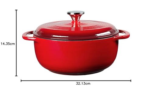 Lodge 4.5 Quart Enameled Cast Iron Dutch Oven with Lid – Dual Handles – Oven Safe up to 500° F or on Stovetop - Use to Marinate, Cook, Bake, Refrigerate and Serve – Island Spice Red