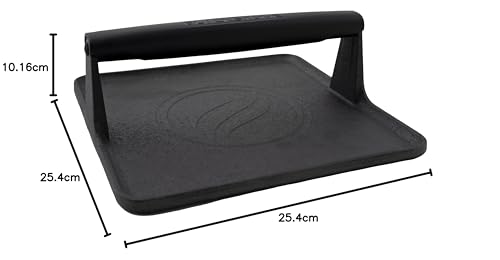 Blackstone 5554 Prensa de parrilla de hierro fundido presazonada XL base extra ancha para carne, hamburguesa, tocino, filete, salchicha mango resistente al calor, 10 x 10 x 4 pulgadas (cuadrado), negro