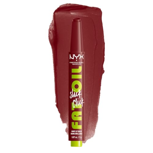 NYX Professional Makeup, Fat Oil Slick Click, 2gr. Tono: In a Mood. Brillo de labios en barra, hidrata hasta por 12hrs, sensación no pegajosa, con infusión de aceite de aguacate, frambuesa y zarzamora. Fórmula vegana.