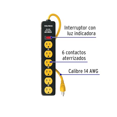 Multicontacto Volteck Negro 6 Entradas Supresor de Picos 600 J