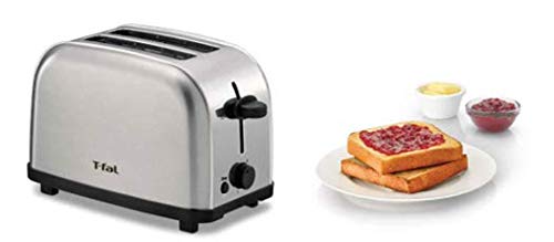 Tostador de Pan T-Fal TT330DMX Ultra Toaster Compacto Inox para dos panes + Textiles 60954 - Paquete de 2 Toallas de Cocina de 100% algodón, Color Gris, sólido/a Cuadros, 2 Unidades