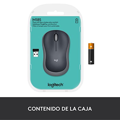 Logitech M185 Mouse Inalámbrico, 2.4GHz con Mini Receptor USB, Batería de 12 Meses, Seguimiento Óptico con Resolución de 1000 dpi, Ambidiestro, Compatible con PC, Mac, Laptop - Negro/Gris