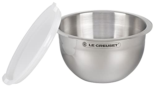 Le Creuset - Juego de 3 cuencos para mezclar anidados con base de silicona antideslizante y tapas herméticas de plástico, tamaño grande, acero inoxidable