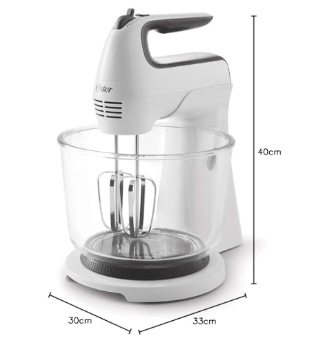 Batidora Mano Pedestal Oster blanca con Tazón de Vidrio