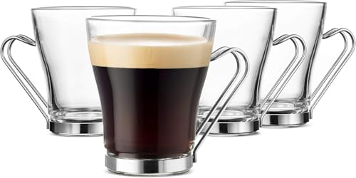 Bormioli Rocco Oslo - Vasos de vidrio para Cappuccino, juego de 4 | Vidrio templado, manijas ergonómicas de acero inoxidable, aptas para lavavajillas | Para bebidas de café, bebidas, Latte, Macchiato, Espresso, Mocha y más