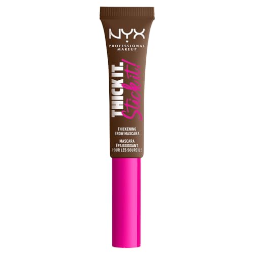 NYX Professional Makeup, Thick It Stick It! Gel de cejas con color, 7ml. Tono: Brunette. Mascara de cejas con microfibras que rellena, da volumen y fija las cejas hasta por 16 horas. Fórmula vegana.