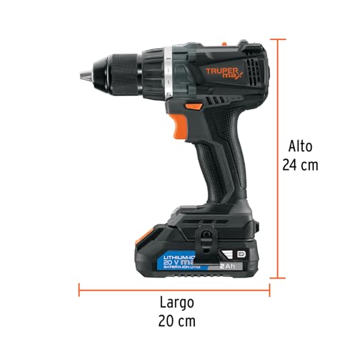 Truper Max MAX-20T, Taladro inalámbrico 1/2", motor libre de carbones (brushless), con 2 baterías Ion Litio 2 Ah y maleta de 14", 20 V