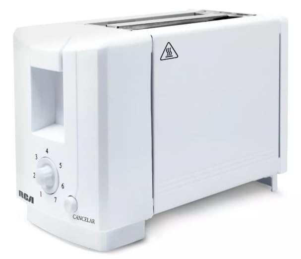 Tostador de Pan RCA, 2 ranuras, siete niveles de temperatura, boton para cancelar, bandeja de residuos extraible, blanco, modelo RC-T1