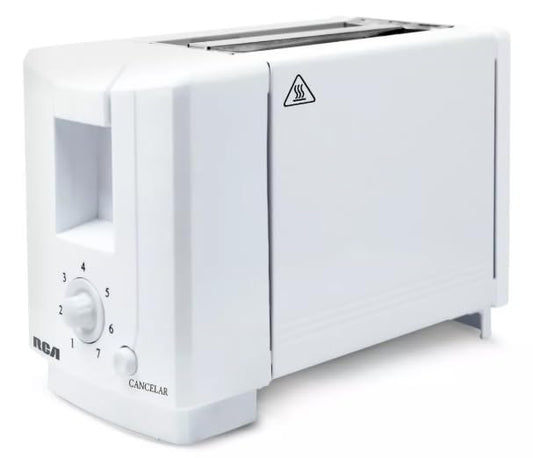 Tostador de Pan RCA, 2 ranuras, siete niveles de temperatura, boton para cancelar, bandeja de residuos extraible, blanco, modelo RC-T1
