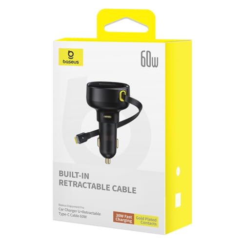 Baseus Enjoyment Pro Cargador de Coche con Cable Tipo-C Retráctil 60W, Negro