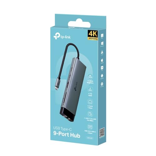 TP-Link Hub USB-C 9 en 1, HDMI 4K 60Hz, PD 100W, Ethernet Gigabit, SD/microSD, Puertos USB-C 5Gbps y 3× USB-A, Plug & Play, Compatible con MacOS, Windows, iOS, Android, ChromeOS (UH9120C)
