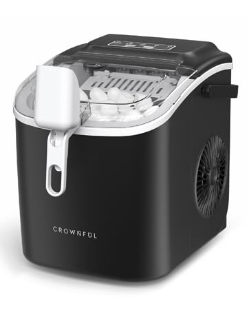 CROWNFUL - Encimera para máquina de hielo con asa, máquina de hielo autolimpiable con cuchara y cesta, 26 libras/24 horas, 9 cubos en 6 minutos, pequeña máquina de hielo portátil con cuchara y cesta
