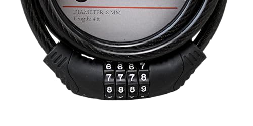 Cerradura de bicicleta de acero flexible de 4 pies con mecanismo de ajuste automático, 8 mm de grosor con cubierta de PVC, código de 4 dígitos reiniciable, cable de seguridad multiusos para scooters,