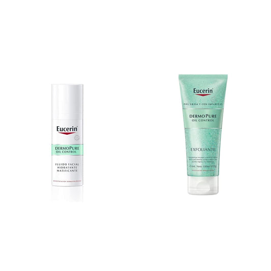 Eucerin Fluido Facial Hidratante Matificante para piel grasa, 50 ml + Exfoliante facial piel grasa imperfecciones 100ml