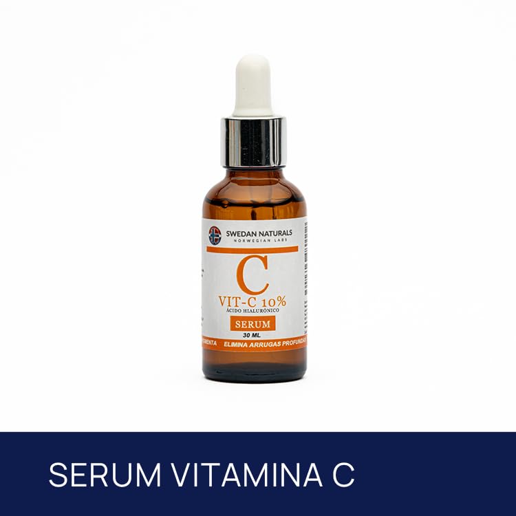 Swedan Naturals - Serum Vitamina C 10% + Ácido Hialurónico, luminosidad, hidratación, firmeza, antimanchas, tono más uniforme. Cuidado de la piel, suero ideal para todo tipo de piel