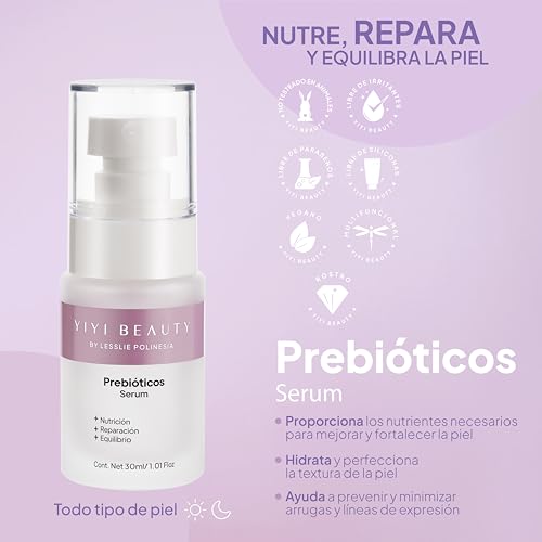 YIYI Beauty by Lesslie Polinesia Suero Facial Prebioticos Su novedoso ingrediente ha demostrado hidratar, nutrir y perfeccionar la textura de la piel al estimular la producción de Colágeno y Ácido Hialurónico aportando una hidratación prolongada.