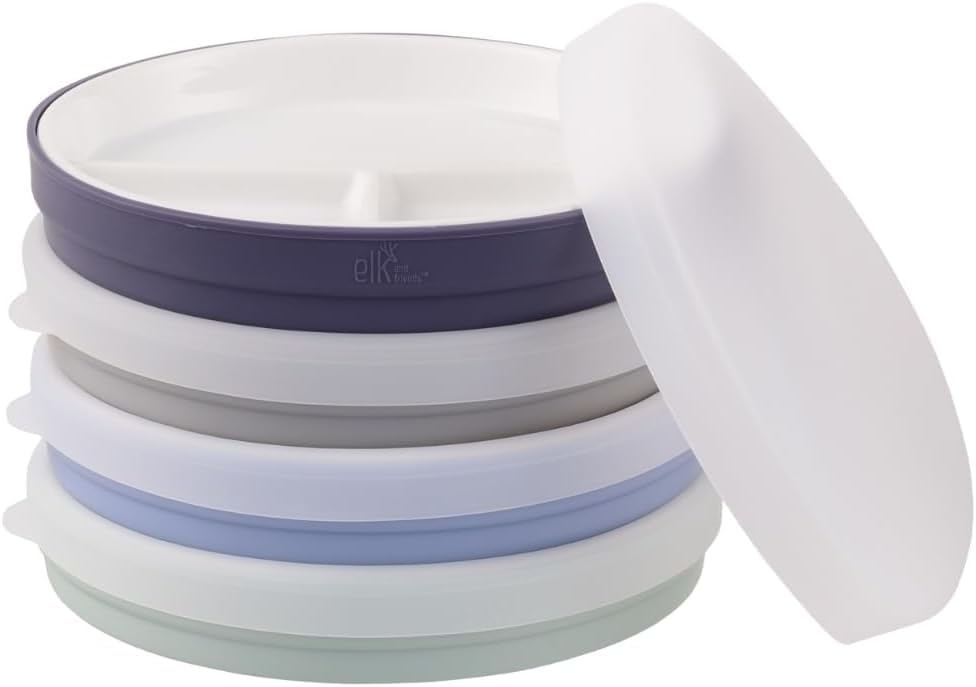 Elk and Friends - Platos blancos divididos de porcelana de 20 cm, con fundas de silicona, para bebés y niños, aptos para microondas y lavavajillas, antideslizantes, para aperitivos