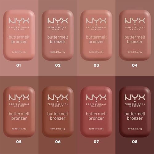 NYX Professional Makeup, Buttermelt Bronzer, Tono: Biscuit (café canela). Bronceador cremoso en polvo infusionado con manteca de karité, mango y almendras, hasta 12hrs de uso, no se desvanece, resistente a transferencias. Fórmula vegana.