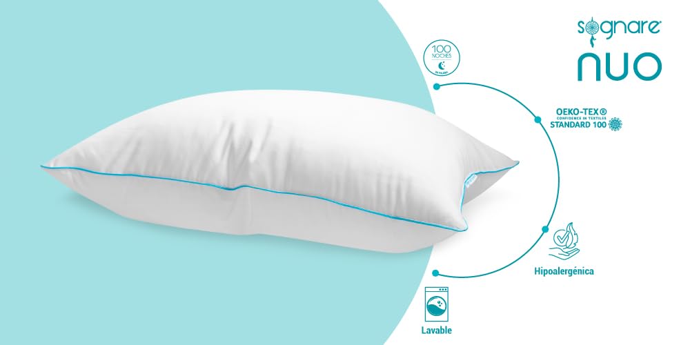 Almohada Sognare Nuo Blanco Semi Firme con Microfibras de Gel 2 Pack Tamaño Estándar Hipoalergénica Lavable