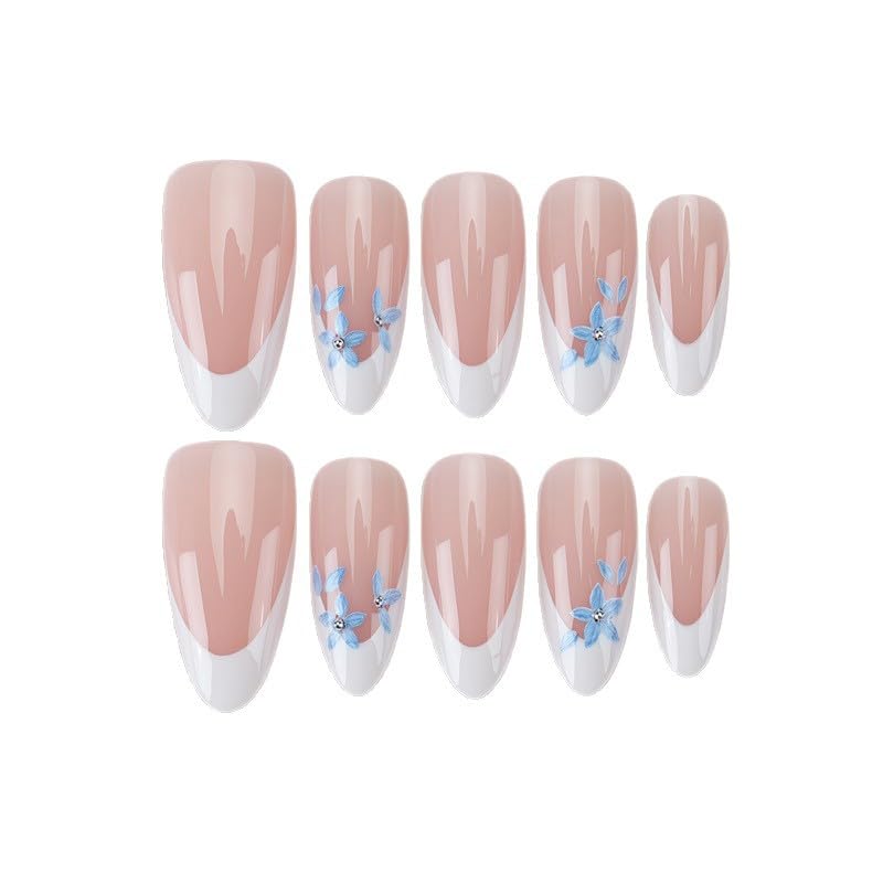 Uñas Postizas de Cortas Largas de Francesa, Adhesivas Uñas Press on Nails de Cobertura Completa, Uñas Falsas Decoradas Acrílico Natural para Mujeres y Niñas (J, 1ml)