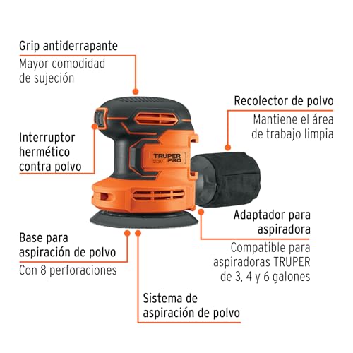 Lijadora Roto-Orbital Truper PRO Inalámbrica 20 V 5 Pulgadas sin Accesorios