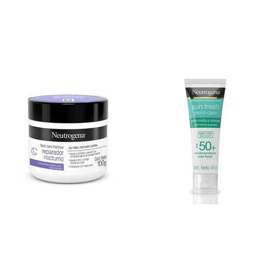 Crema Hidratante Facial Reparador Nocturno Neutrogena Face Care Intensive Colageno 100g + Sun fresh Protector Solar Facial sin color Dermcare Niacinamida FPS50+, 40g