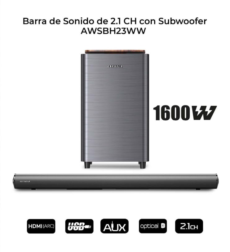 Aiwa Barra de Sonido con Subwoofer Inalámbrico AWSBH23WW 2.1 Ch 1600W, Conectividad Bluetooth, AUX, Optical y HDMI