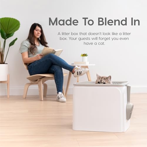 Caja de Arena para Gatos IRIS USA Blanco Gris de Alta Calidad con Entrada Superior y Control de Olores