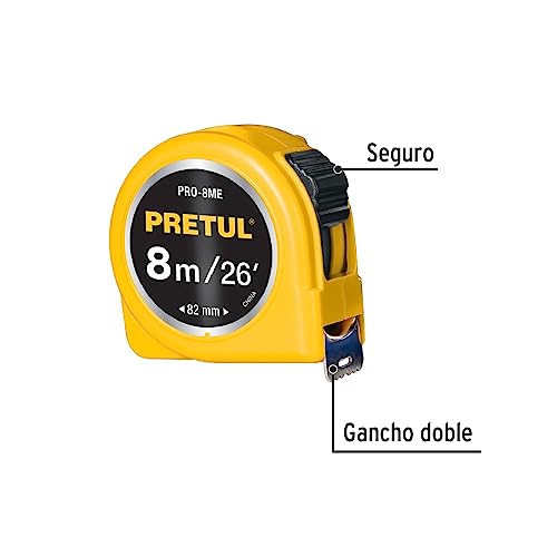 Flexómetro Pretul Amarillo 8m cinta 25 mm Tarjeta Plástica