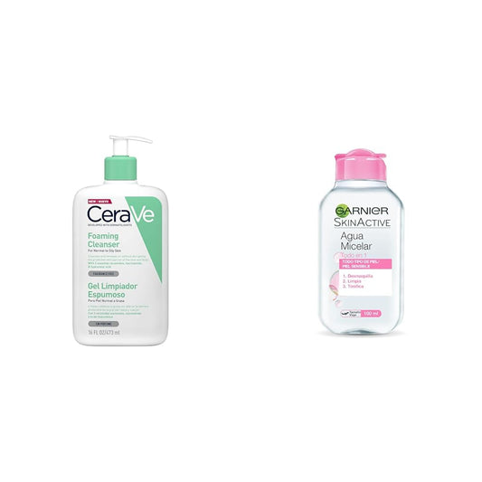 CeraVe Gel Limpiador Espumoso |473ml| Limpiador diario para piel mixta, grasa o con acné | Libre de fragancia + Garnier Skin Naturals Face Agua micelar Desmaquillante, 100 ml, Paquete de 1