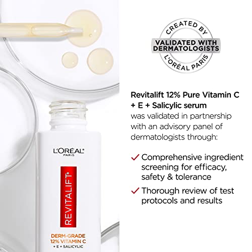 L'Oreal Paris Revitalift Vitamin C Serum with Vitamin E & Salicylic Acid, Moisturizing, Smoothing & Brightening, Non Greasy, Combats Early Signs of Aging + Sample
