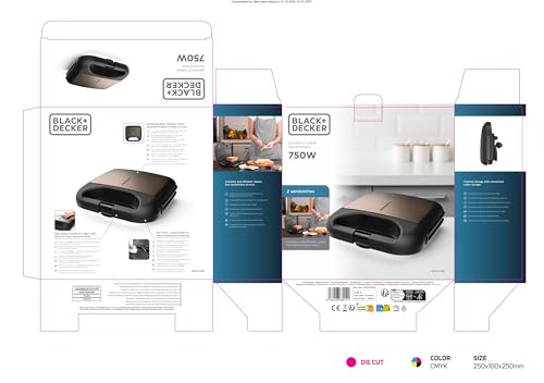 BLACK+DECKER BXSA753 - Sandwichera, 750 W, para 2 sándwiches cuadrados, totalmente sellada, placas antiadherentes, indicador de temperatura ideal, compacta y fácil de guardar