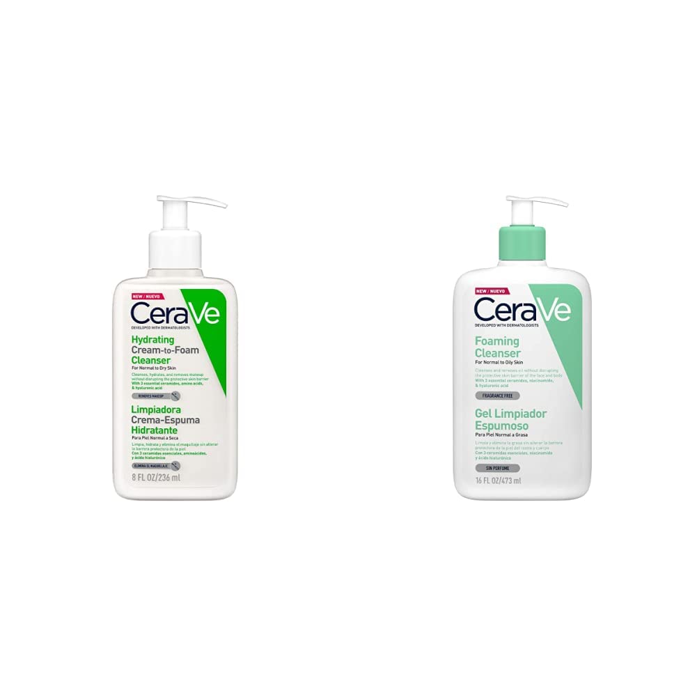 CeraVe Limpiadora Crema-Espuma Hidratante Facial Diaria para Piel Normal a Seca 236ml + Gel Limpiador Espumoso |473ml| Limpiador diario para piel mixta, grasa o con acné | Libre de fragancia