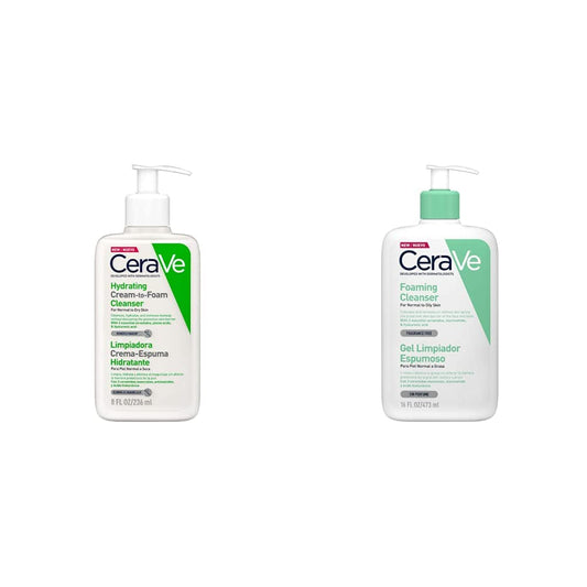 CeraVe Limpiadora Crema-Espuma Hidratante Facial Diaria para Piel Normal a Seca 236ml + Gel Limpiador Espumoso |473ml| Limpiador diario para piel mixta, grasa o con acné | Libre de fragancia