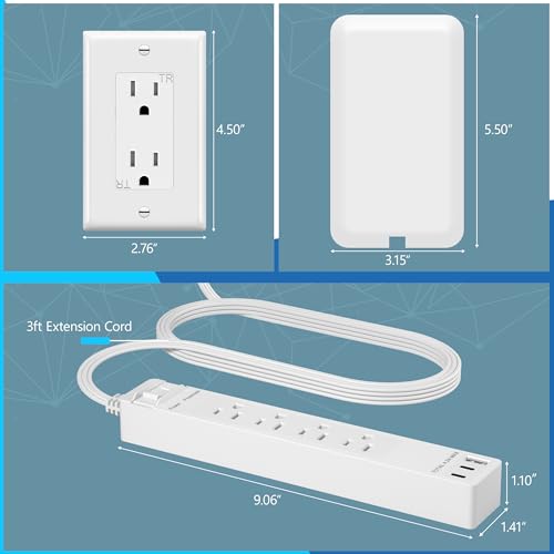 LIDER Extensor de toma protegido contra sobretensiones, tira de alimentación de 4 tomas, USB tipo A de 21 W y 2 puertos USB tipo C, enchufe de placa de pared ultrafino con extensor de cable, cara