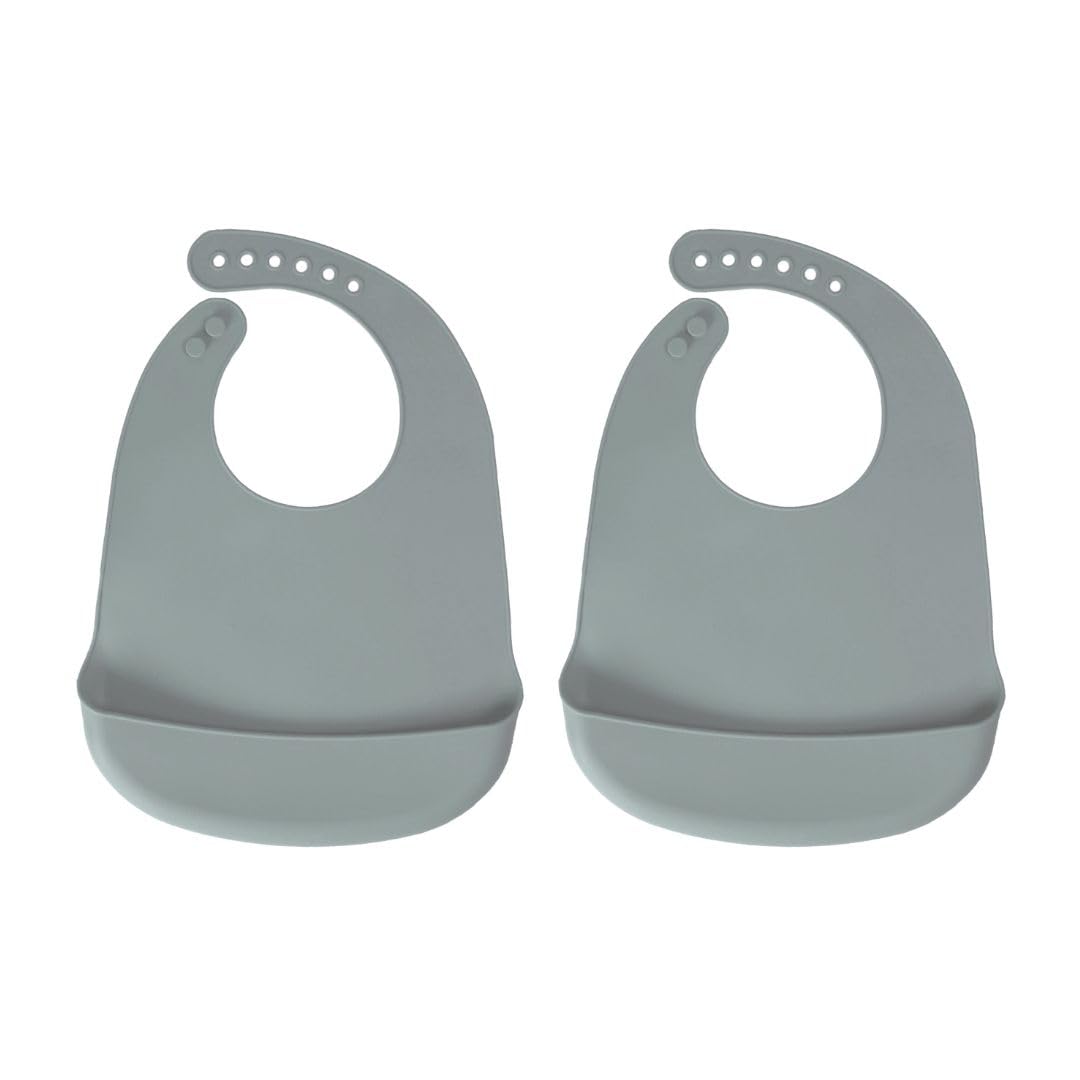 Baberos de silicona para bebés, sin BPA, impermeable, con bolsillo, apto para lavaplatos, con colector de alimentos (gris x 2)