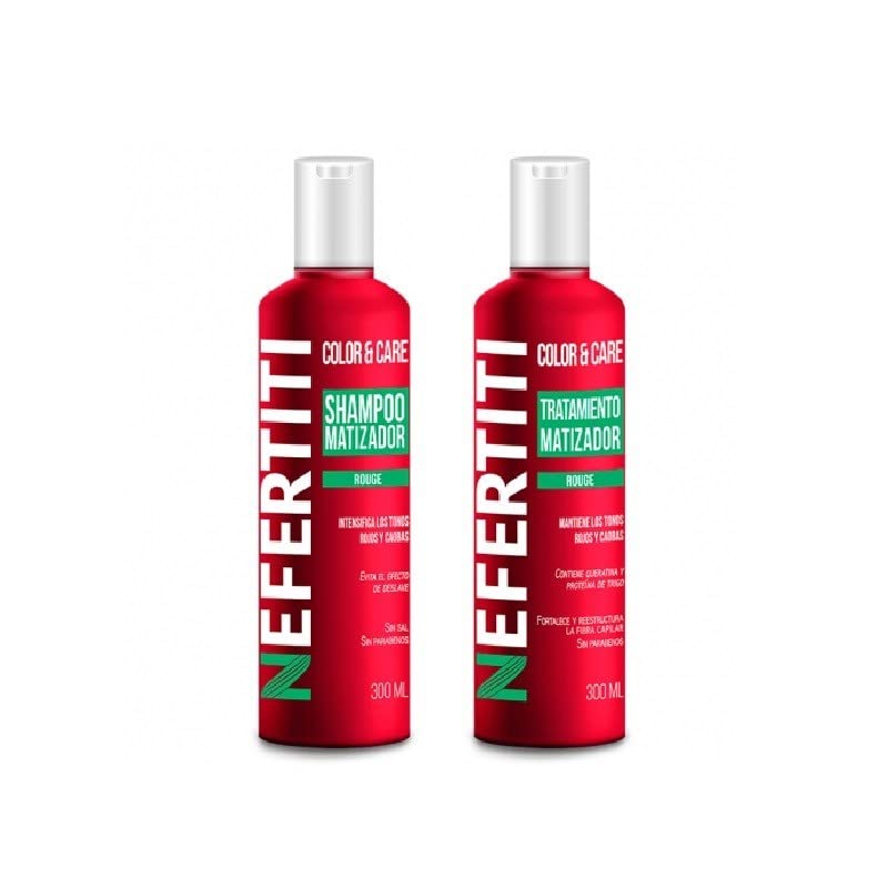 Shampoo Matizador Rojo Sin Sales y Parabenos + Tratamiento con Keratina Color & Care de Nefertiti, Matiza e Intensifica tonos Rojos y Caobas proporcionando Brillo y Sedosidad